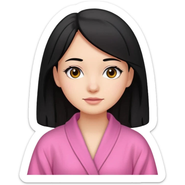 A girl who has black hair (straight but slightly wavy at the end), has a medium to bright skin tone, wearing a pink robe sticker