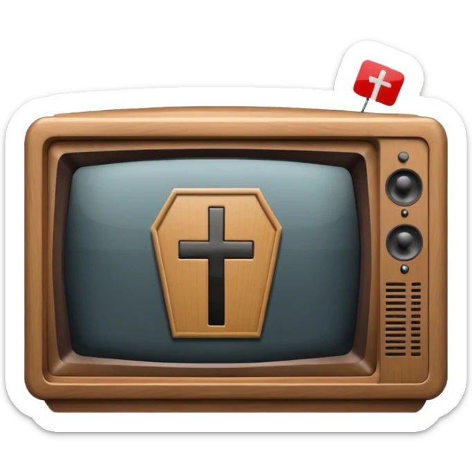 Minimalist emoji-style sticker of a CRT TV in the shape of a coffin, with a cross or static noise on the screen. Desaturated design.  sticker