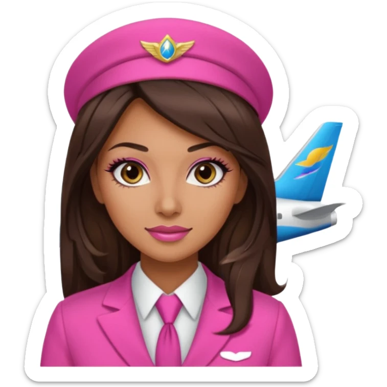 Flight attendant with pink outfit tan skin long dark brown hair with blonde highlights pretty makeup long lashes sticker
