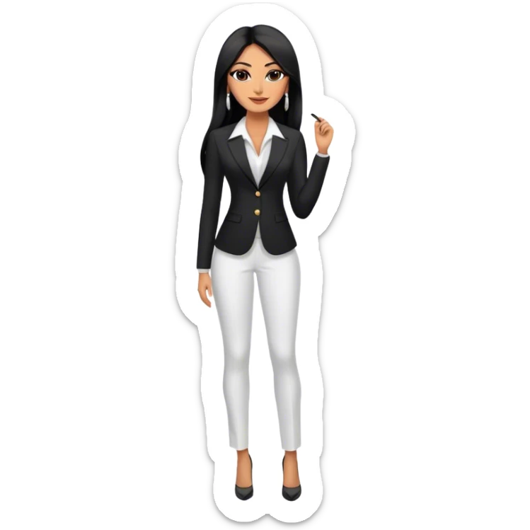 beautiful fit tall woman boss, with long straight black hair, with make up, black eye liner, smile, mexican, brown skin, wearing beautiful profesional outfit and white earings, full body sticker