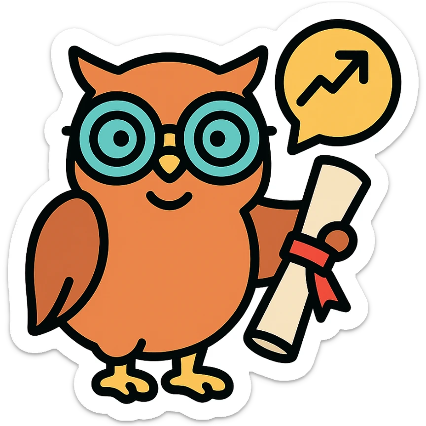 An icon of a smiling owl wearing glasses, holding a diploma, symbolizing smart marketing. sticker