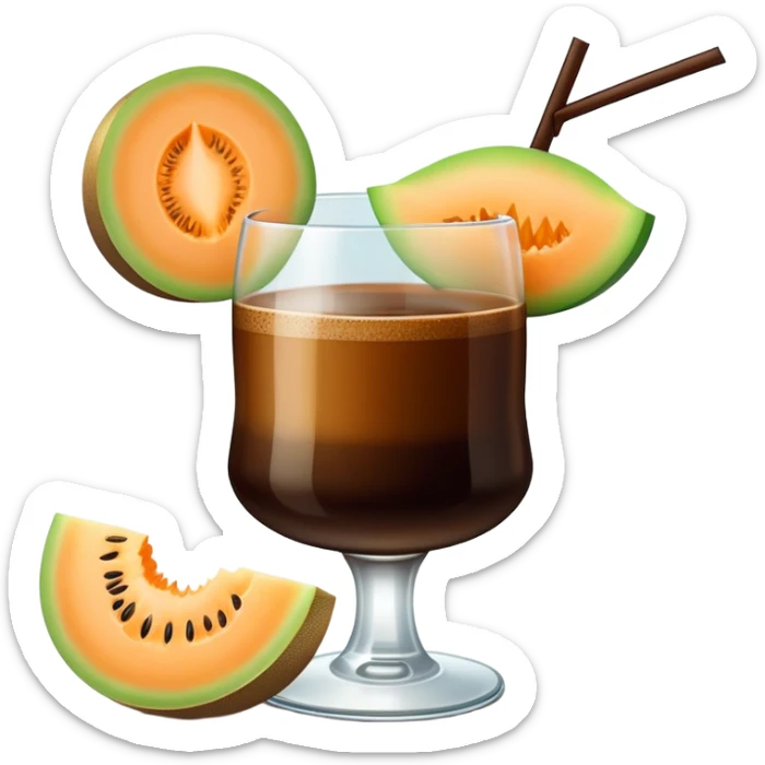 dark coffee carajillo drink in a glass with a slice of cantaloupe melon on the side sticker