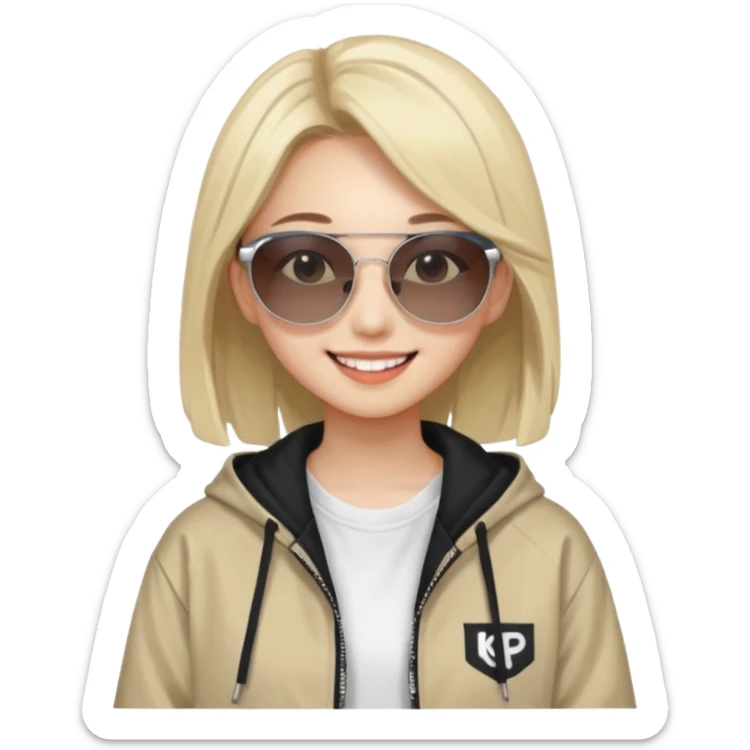 portrait of young woman idol in Kpop style, wearing streetwear outfit, wearing sunglasses sticker