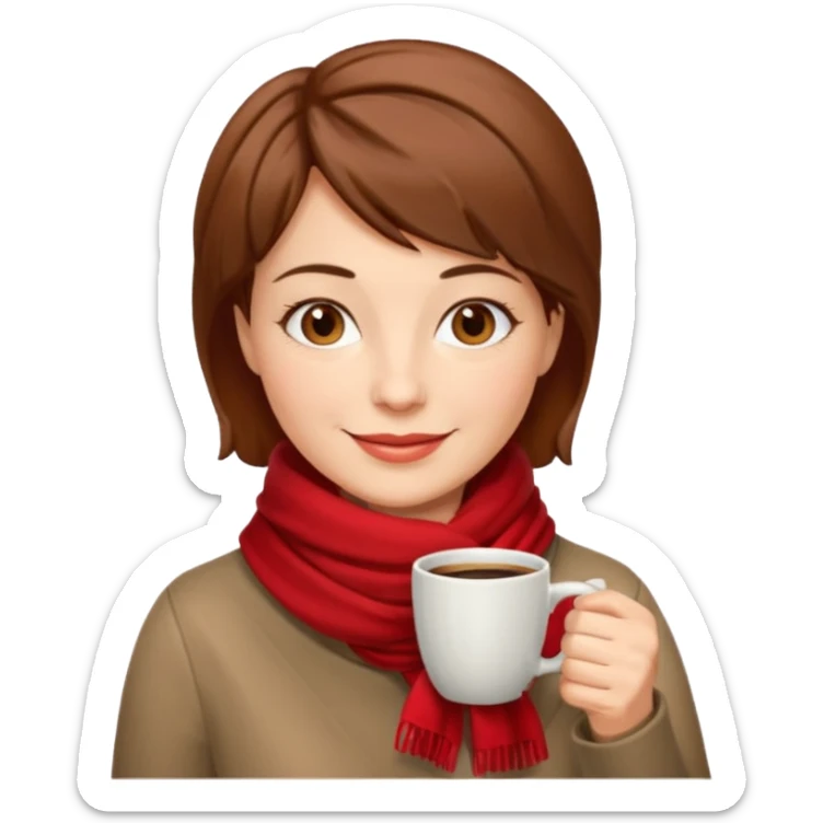a middle age woman with brown short hair, having red scarf, drink coffee, enjoy sticker