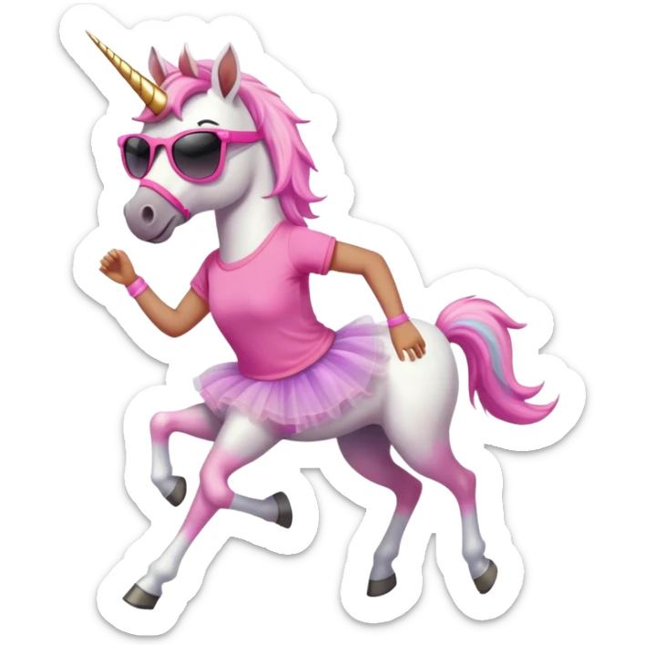 friendly anthropomorphised female unicorn with horse-like face, in tutu and pink t-shirt, wearing dark sunglasses, jogging upright in standard pose sticker