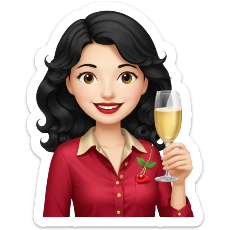 A woman with wavy black hair and a beautiful and authoritative cherry shirt drinking champagne sticker