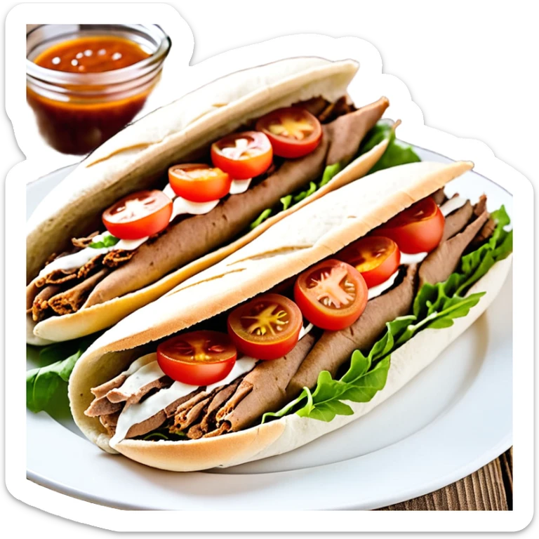 Döner im frisch aufgebackenen Fladenbrot, außen leicht knusprig, innen weich. Gefüllt mit saftigem Dönerfleisch, knackigem Salat, Tomaten, Zwiebeln und Kräutersauce. Warme Food‑Fotografie, hohe Details, natürliche Farben, appetitliche Präsentation, Fokus auf Texturen und Frische.“ sticker