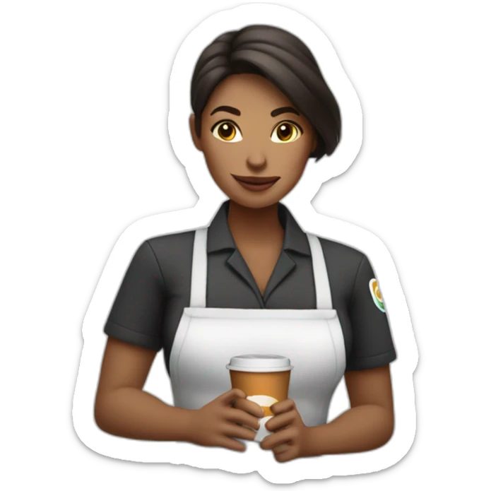 Female barista wear uniform smokes and holds cup of coffee sticker