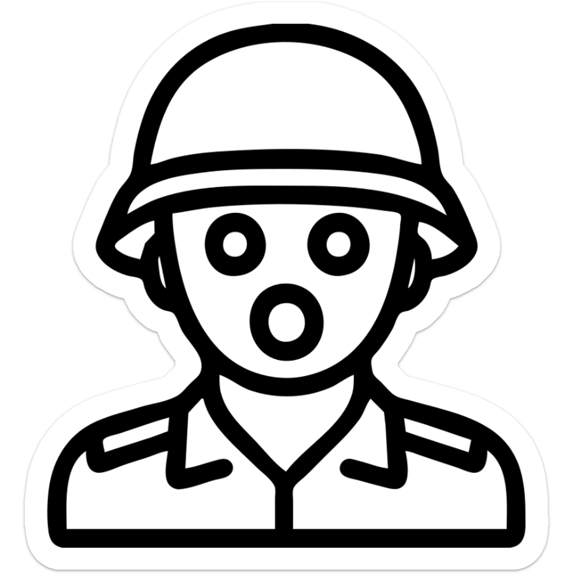 simple modern icon of a surprised soldier with wide eyes and open mouth, wearing a classic helmet, minimal lines, clear shapes, suitable for icon use sticker