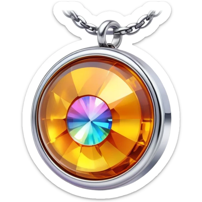 extreme close up of a round cut holographic amber charm with silver metal accent and rainbow chain sticker
