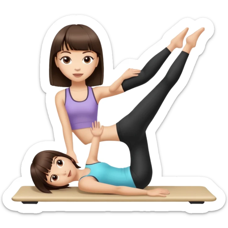 girl doing pilates, with dark brown hair and straight bangs, light skin tone sticker
