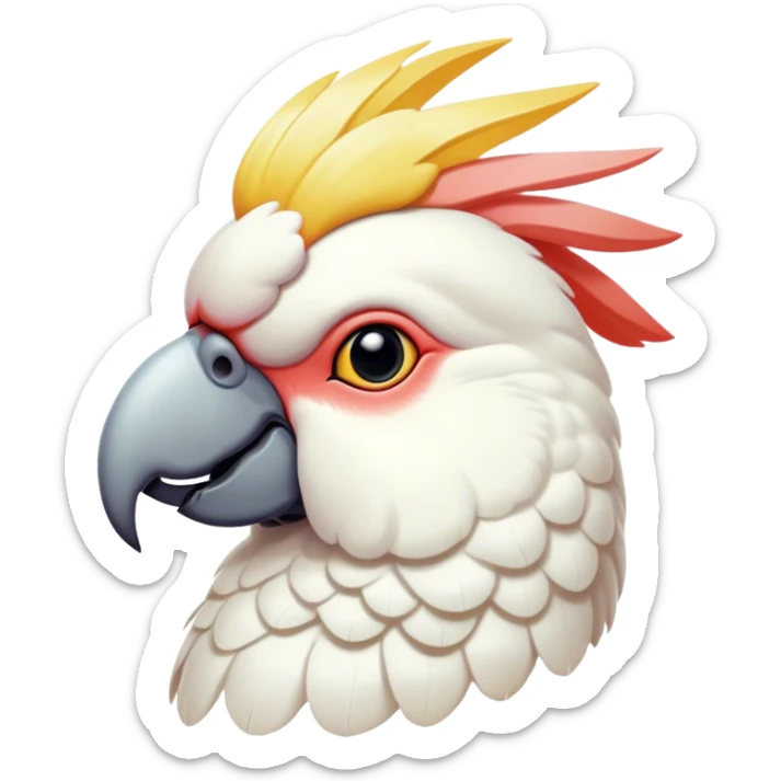 Cinematic Noble Cockatoo Portrait Emoji, Poised and regal, with a striking, crest-adorned head of brilliant white and pastel hues, a robust, curved beak, and piercing, intelligent eyes, Simplified yet sharp and sophisticated features, highly detailed, glowing with a soft, tropical luminescence, high shine, intelligent and majestic, stylized with an air of avian elegance, focused and alert, soft glowing outline, capturing the essence of a watchful and confident cockatoo that appears ready to unfurl its crest out of the screen with effortless authority! sticker