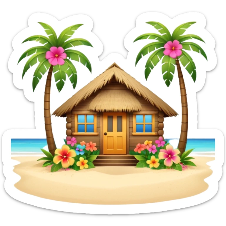 Hawaiian beach house, small tropical house, wooden walls, thatched roof, colorful flowers, palm trees, cute mobile game icon, 3D cartoon, bright colors, soft shadows, clean background, no text, no watermark sticker