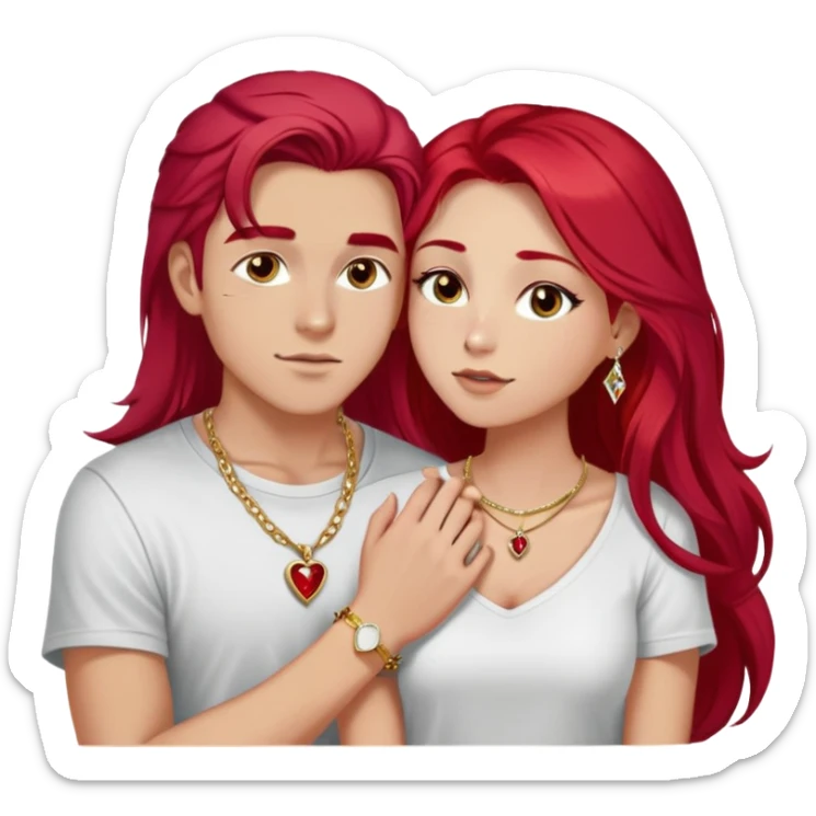 young 20 year old couple kissing, girl with long cherry red hair and dark blonde eyebrows wearing gold necklace with letter A, diamond gold ring, red bracelet and light clothes, boy with bright white hair wearing dark t-shirt and silver ring with black stone sticker
