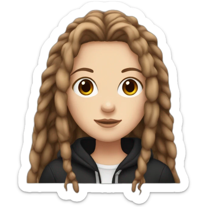 white girl with thick long big brown dreadlocks, brown eyes, and a black hoodie sticker