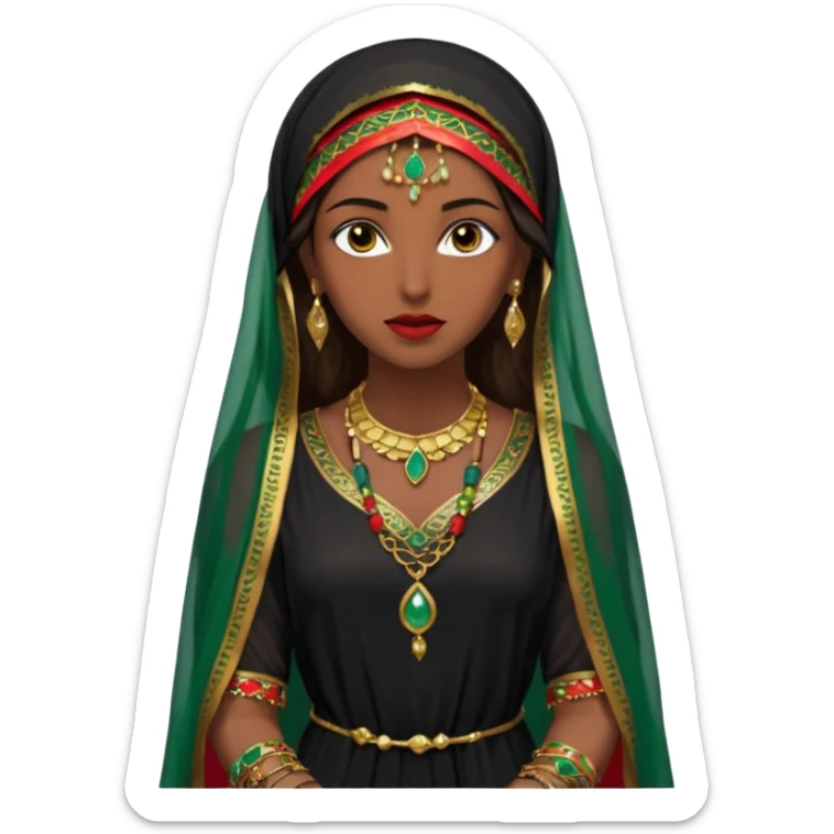Mujer joven, morena, de gran belleza y porte misterioso.
 mirada intensa, labios marcados.
 Negro, largo, suele ir cubierto parcialmente por un velo
 Ropa de inspiración árabe: túnica colorida (rojo, dorado, verde esmeralda), con detalles dorados, brazaletes y pendientes. que se ve cuerpo entero sticker