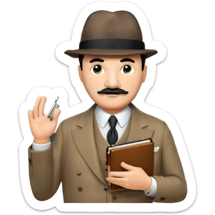 A cinematic-style frame showing Hercule Poirot in his iconic suit with a notebook in a dramatic detective pose. Background should be mysterious city, map, a board with photos of suspects, clues like fingerprints. Transparent background. sticker