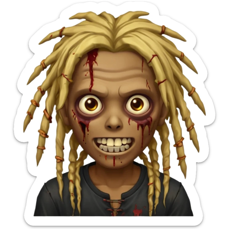 zombie with brown skin, messy gold dreads hair, wide centered brown eyes, dark bloody marks under the eyes, and a smile showing shiny metal teeth,black shirt, giving a distressed, undead look. sticker