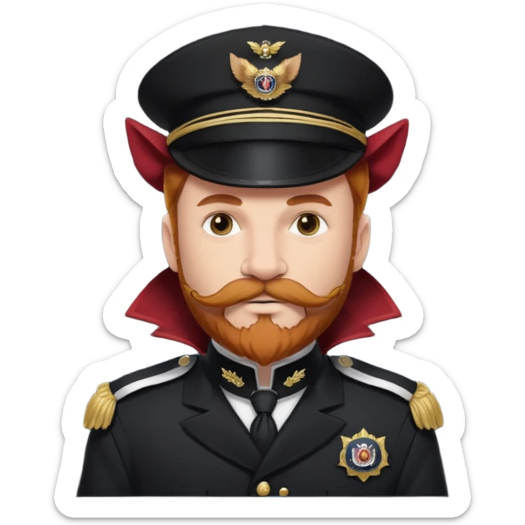 An auburn-hair'ed admiral with a flawless bear and mustache wearing a black admiral outfit and hat with Wolf Ears coming out of the hat, and 9 wolf tails behind him, with the admiral black shirt featuring on the left breast pocket the insignia of Helldivers 2. sticker
