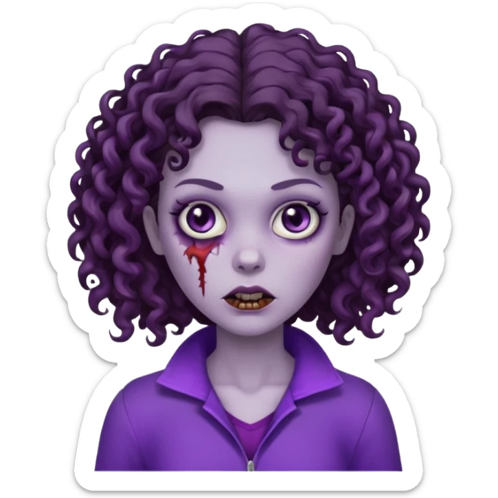Zombie woman with curly, dark brown hair, purple outfit, and short, flat hair.  sticker