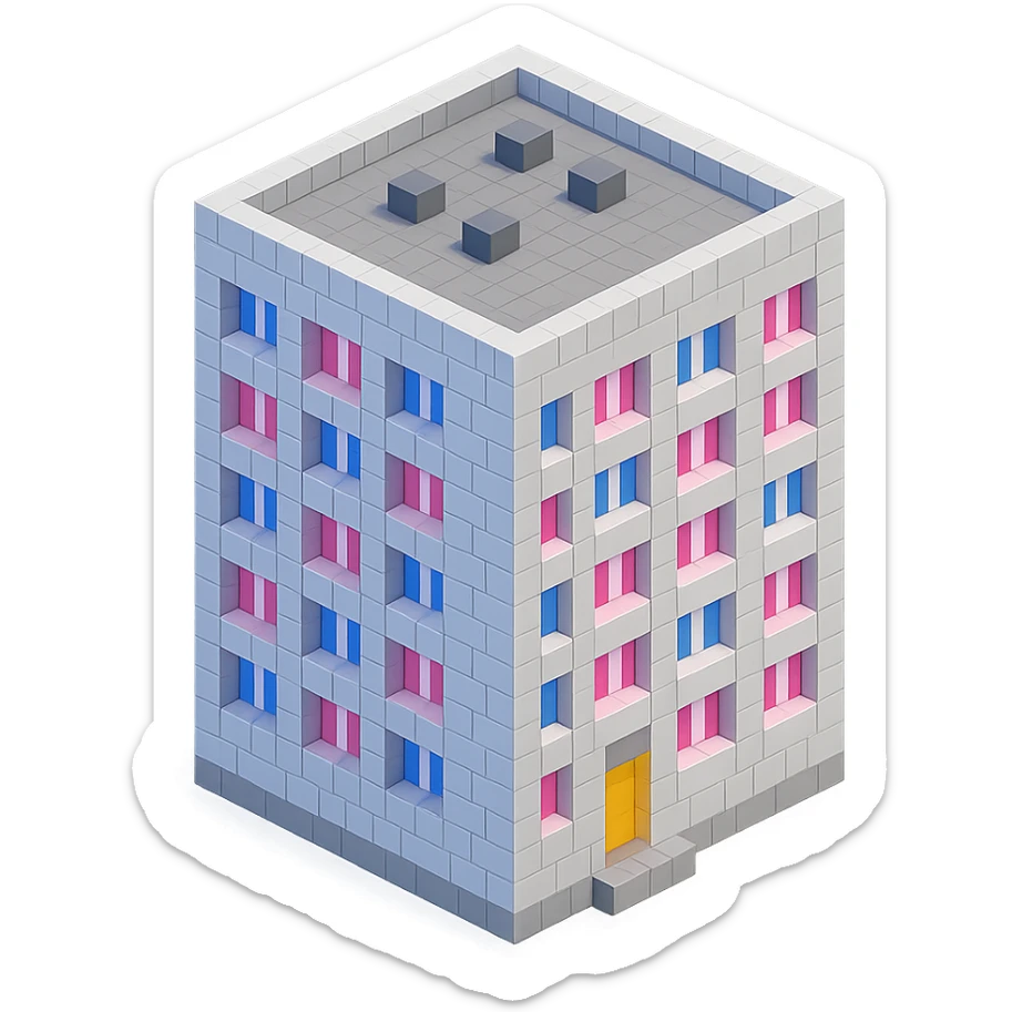 Russian panel apartment building, square block, light gray, alternating pink and white windows, isometric view sticker