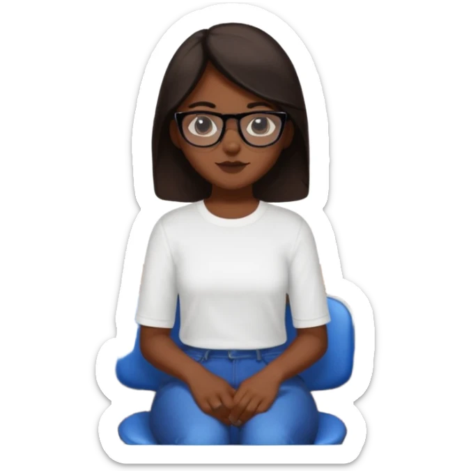 No pero que las florecitas azules estén en la camiseta dibujadasCréame una chica morena de pelo más o menos por los hombros con granitos en la cara y unas gafas negras, que esté sentado en una silla de bar con una camisa blanca con florecitas azules sticker