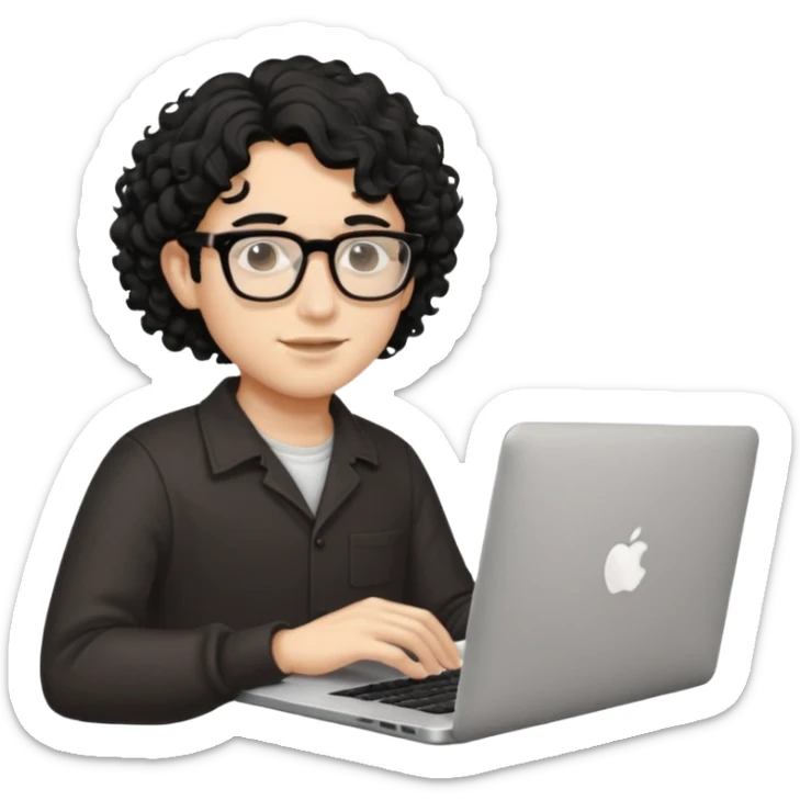 guy with wavy kinda curly black hair and light-to-medium skin tone like cream and glasses, with a macbook sticker