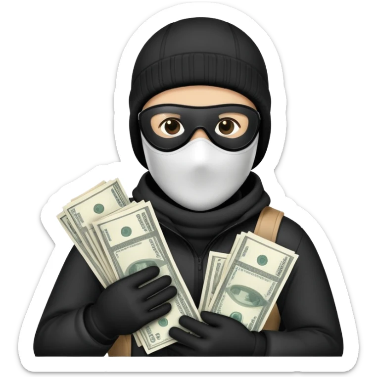 Ski mask holding bags of money with black face like skin color black sticker