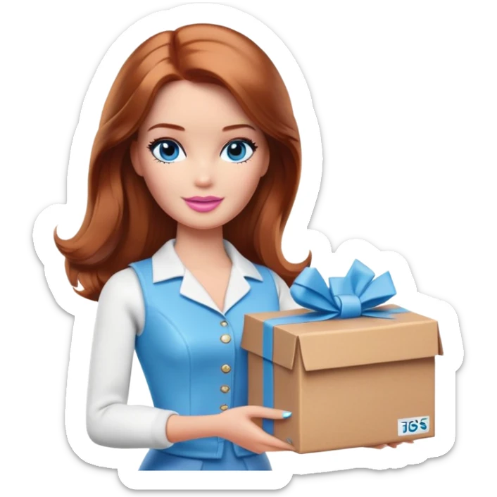 Barbie with shoulder-length reddish brown hair, blue eyes and makeup in white and brown clothes holds a box with a package sticker