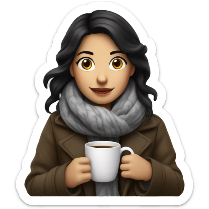 White sking girl with black hair drink coffee and wearing coat and scarf sticker