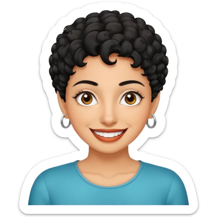 30 year old iranian woman very short curly black hair, big brown eyes, tanned skin, big smile, white teeth, pretty, stylish, shorter hair, boy cut hair sticker