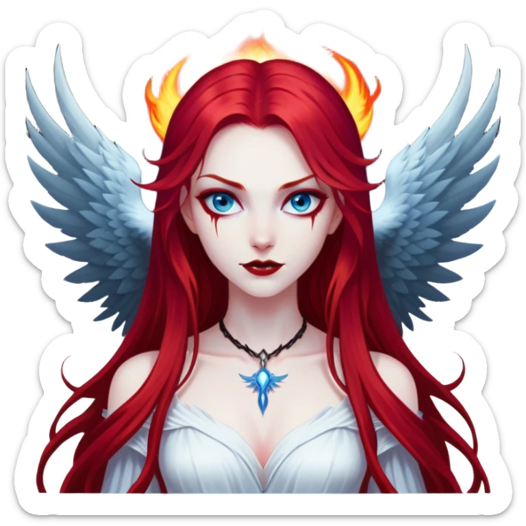 full body portrait of an extremely diabolical girl with pale white skin, massive towering wings, very long flowing blood red hair, glowing blue eyes, black hellfire aura, no horns, evil grin, no necklace sticker