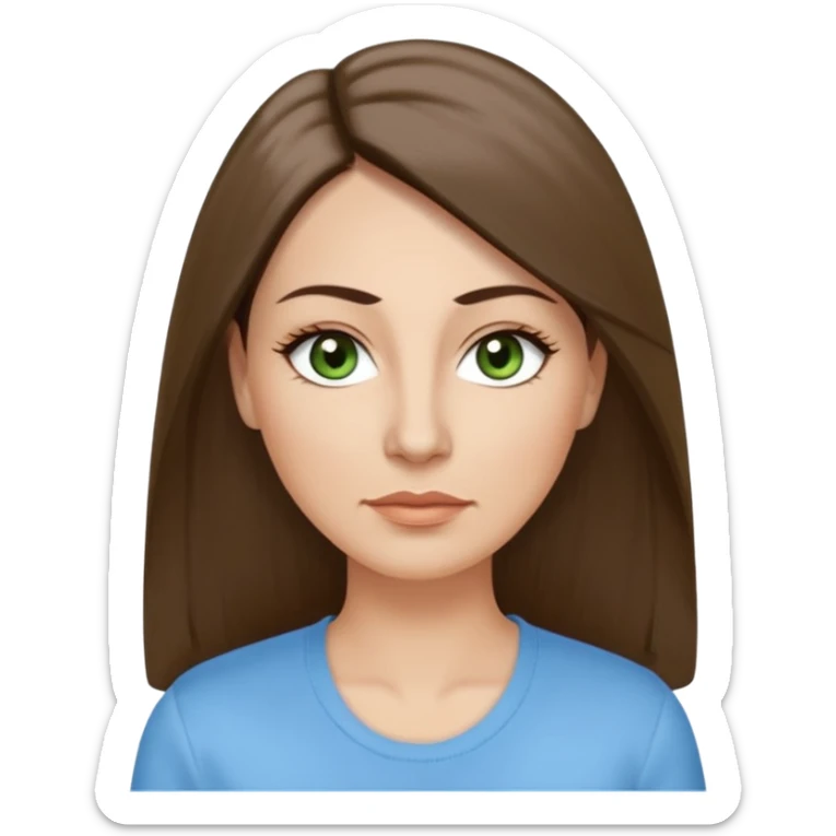 43. year old Adult woman avatar, light skin tone, long, oval face, long straight ashy brown hair, green almond-shaped eyes with dramatic eyelashes and minimal eyeliner, neutral mouth, medium straight eyebrows, small nose, smooth skin, sky blue shirt sticker