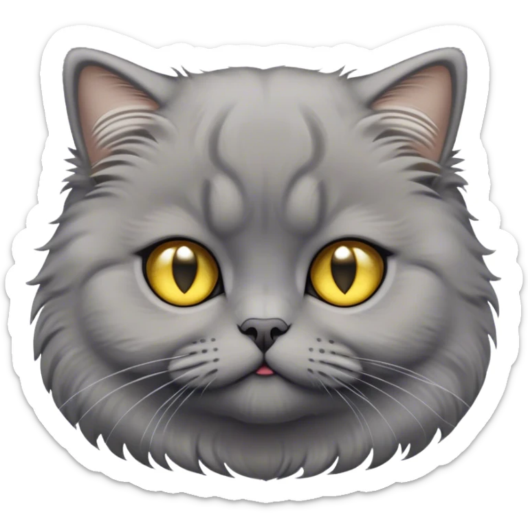 Cinematic Adorable Fluffy Grey Scottish Fold Cat Portrait Emoji, Adorable folded ears perched atop its soft, round head, head tilted cutely with big, sparkling yellow eyes, soft grey fur with darker points on the ears, face, and paws, Simplified yet irresistibly adorable features, highly detailed, glowing with a soft, warm glow, high shine, affectionate and playful, stylized with a touch of whimsy, bright and endearing, soft glowing outline, capturing the essence of a curious and loving kitten with the signature charm of a Scottish Fold's unique folded ears, so cute it feels like it could leap out of the screen and snuggle up for a cuddle! sticker
