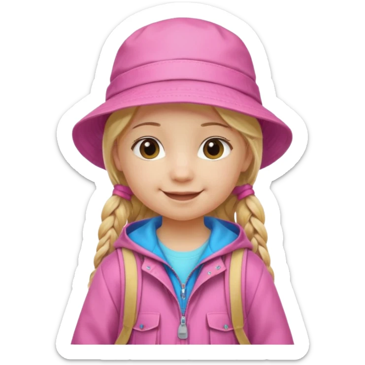 Little girl kid student, long braid blonde, wears pink bucket hat and jacket, backpack, happy sticker