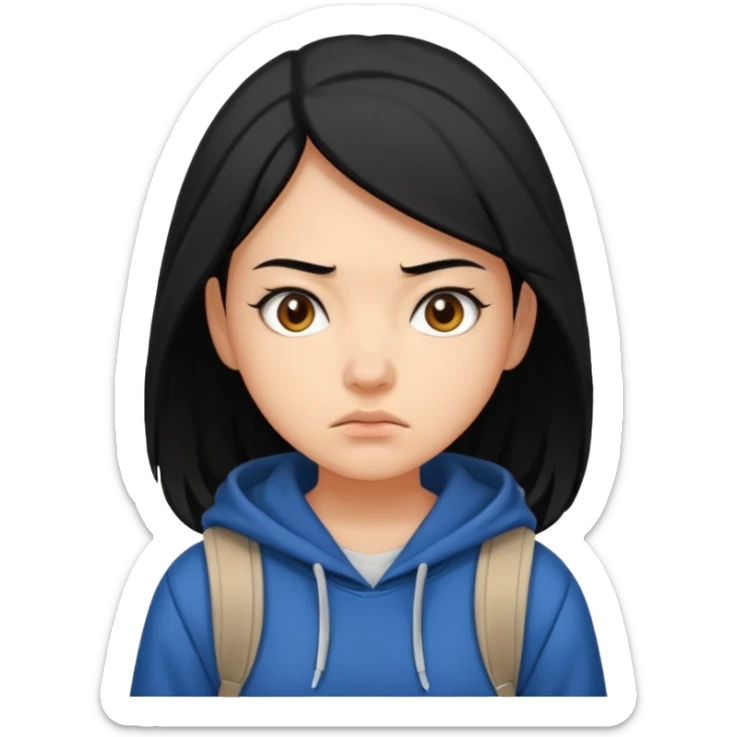college student with annoyed face , black hair , with hoodie and backpack , girl sticker