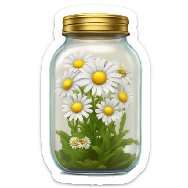 Realistic daisy flowers in a glass jar with a gold screw on lid on the top. sticker