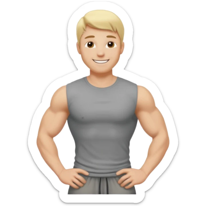 fais le meme blond, tee shirt gris mais musclé et fin qui sourie et ça s'arrête à la taille sticker
