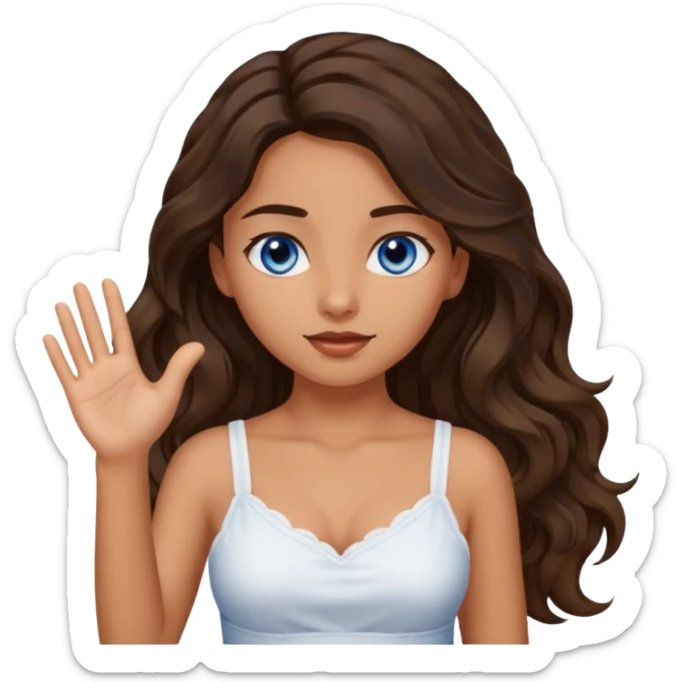 Girl with olive skin, blue eyes, brown dark insanely wavy long hair, white camisole, left hand palm up sticker