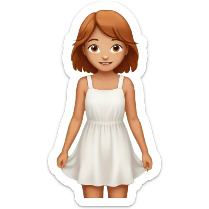  A smiling girl with freckles, wearing a white sundress, standing in a field of daisies. sticker