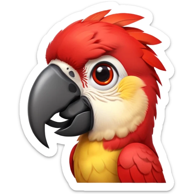cinematic-cute-macaw-portrait-emoji,-head-tilted-playfully-and-inquisitively,-with-a-dazzling-red-plumage-and-round,-sparkling-eyes-filled-with-charm,-simplified-yet-irresistibly-adorable-features,-highly-detailed, white beak sticker