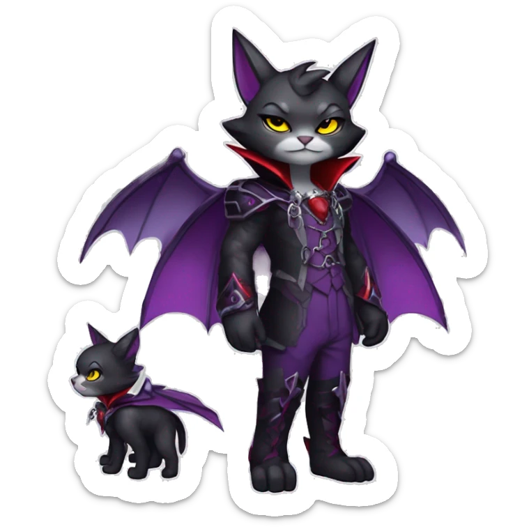 Anthro-Cute-Edgy-Cool-Vampiric-Batty-Cat-Black-Purple-Red-Grey-White-Yellow-Contrast-Colors-Fantasy-Fur-Sona-Chibi-Shiny-Fakémon-Hybrid with horns and big fangs and collar full body sticker