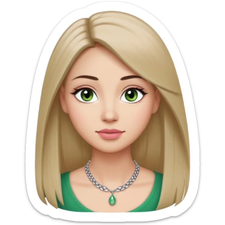 Adult woman avatar, light skin tone, oval face, long straight ash-brown hair, green almond-shaped eyes with dramatic eyelashes and minimal eyeliner, neutral mouth, medium straight eyebrows, small nose, natural pink lips, smooth skin with light natural blush sticker