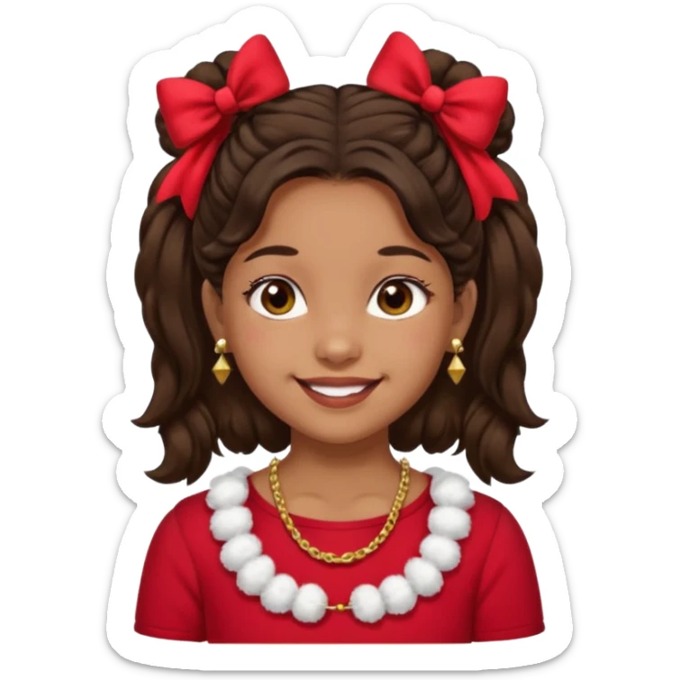 Brownskin girl dark brown hair fluffy. pigtails with red bows brown eyes smiling closed mouth red shirt gold esrrings gold necklace sticker