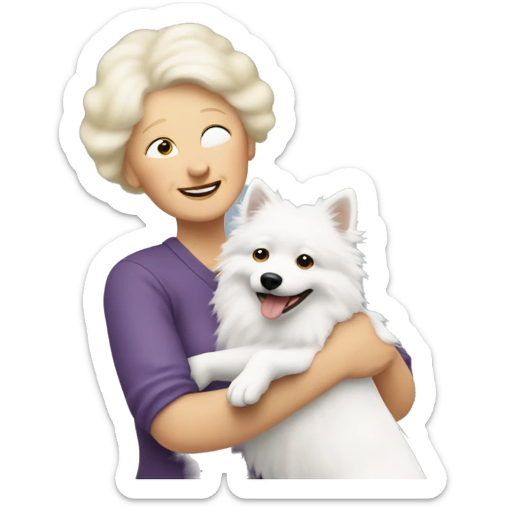 blonde grandma hugs a white spitz dog. the grandma hair is blonde and the spitz dog hair is white sticker