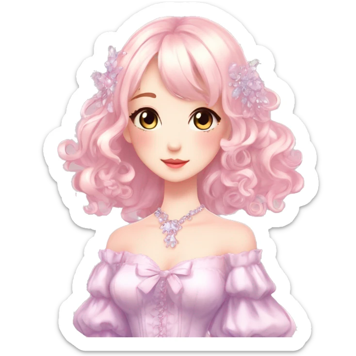 Dreamy pretty elegant kawaii shiny blushing shy anime lady kawaii beautiful hair naturecore fairycore cottagecore jewels trending aesthetic full body sticker