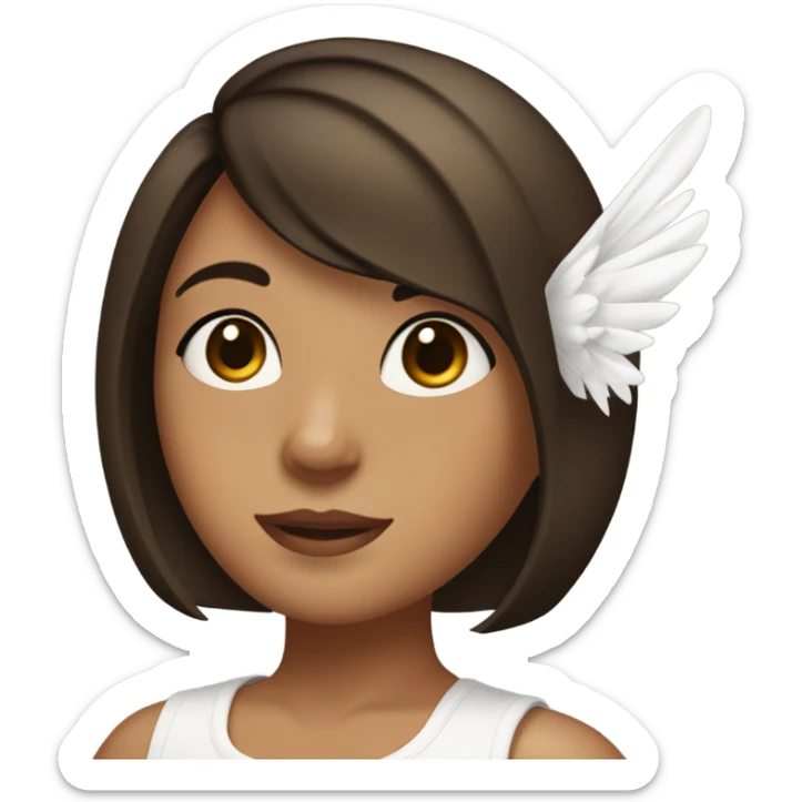 Girl with black and brown highlights in hair with medium hair length and bob cut , almond eyes , has white wings on her back and a white tank top  sticker