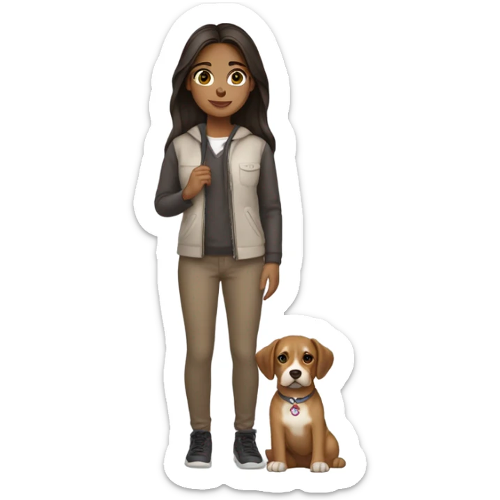 Medium skin tone girl brown eyes straight dark hair middle part holding dog sticker