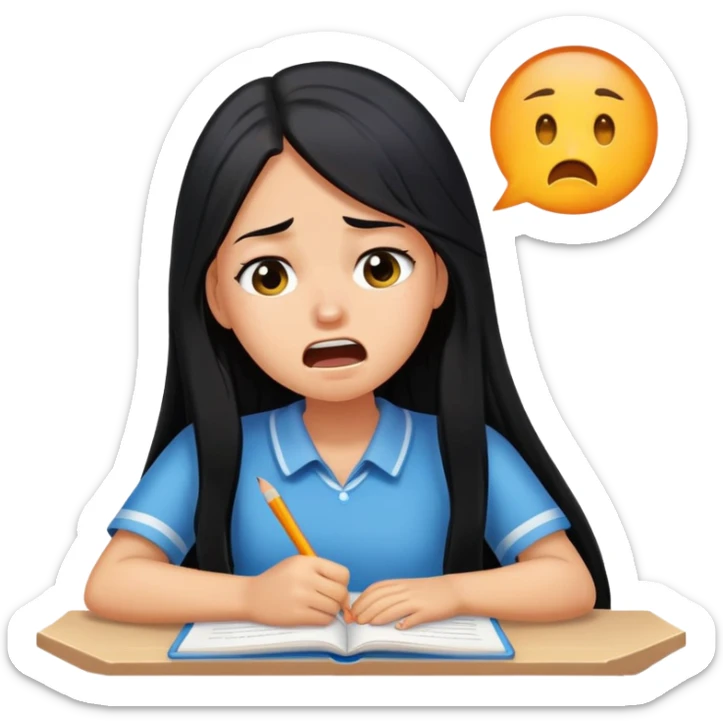 Pretty tanned girl with long black hair, crying out about homework sticker