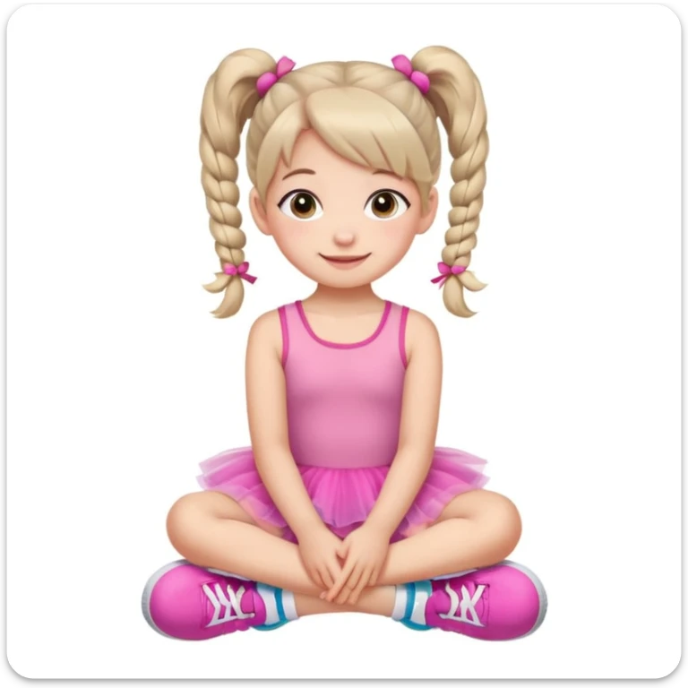 A cute young girl with pigtails sits on the floor, wearing a pink tutu dress and colorful sneakers. She has large, expressive eyes and a cheerful smile, resting her chin on her hands. The background is a soft, neutral color that enhances her playful demeanor. sticker